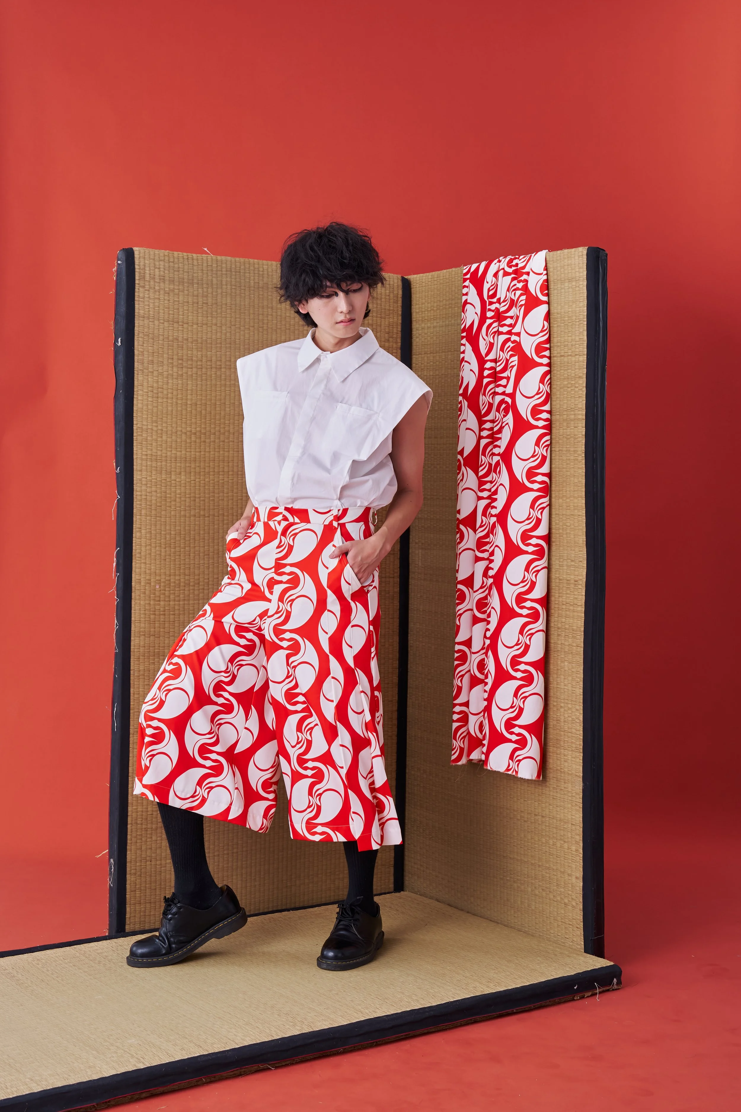 INF Japanese hakama-style Deconstructed Wide Shorts (Red printing